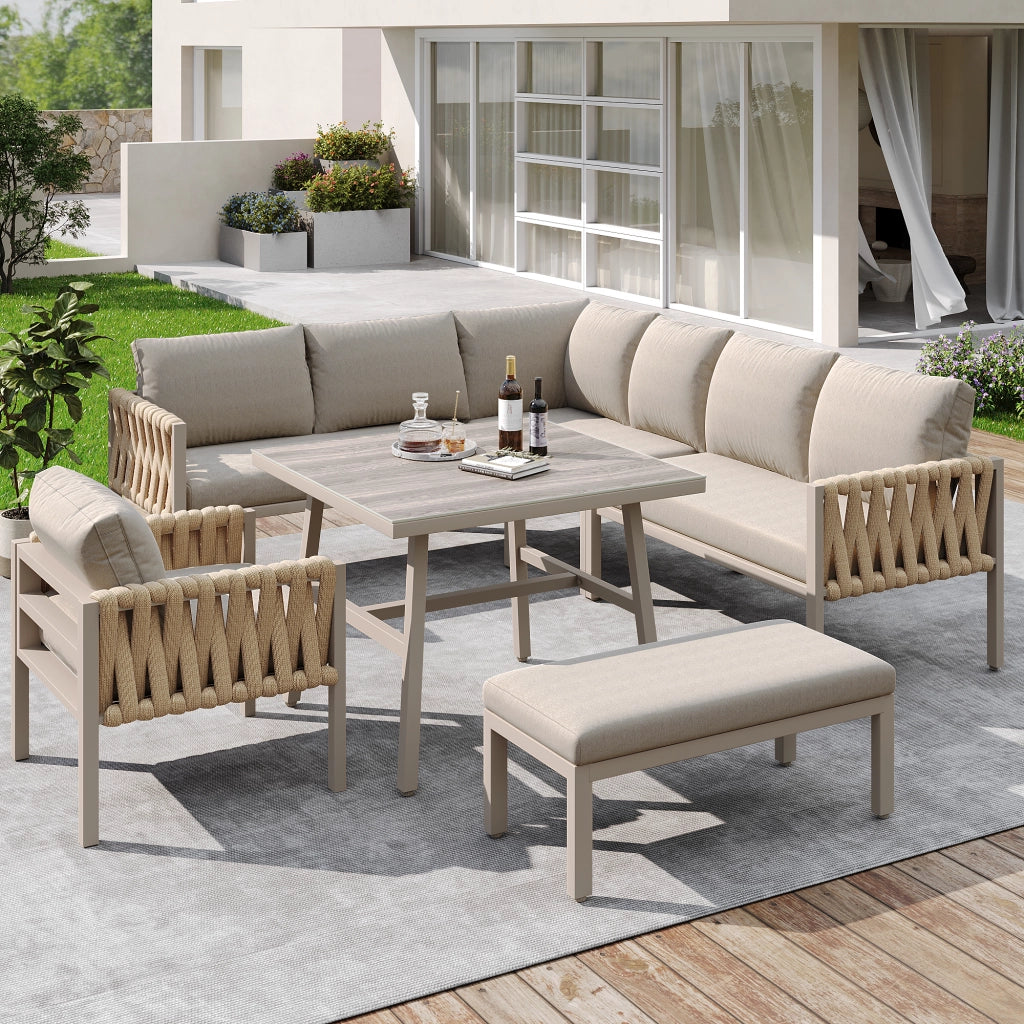 Set Divano Angolare da Giardino con Tavolino in Vetro ¨C MINIMAL ¨C Polyrattan Beige con Cuscini