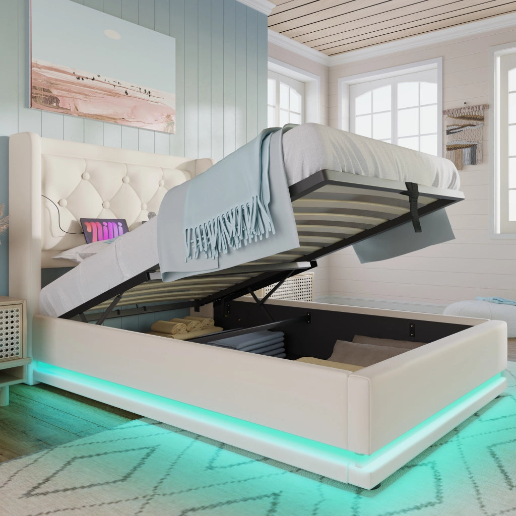 LETTO imbottito 90x200 cm in PU bianco con USB, Type-C e LED 3 lati