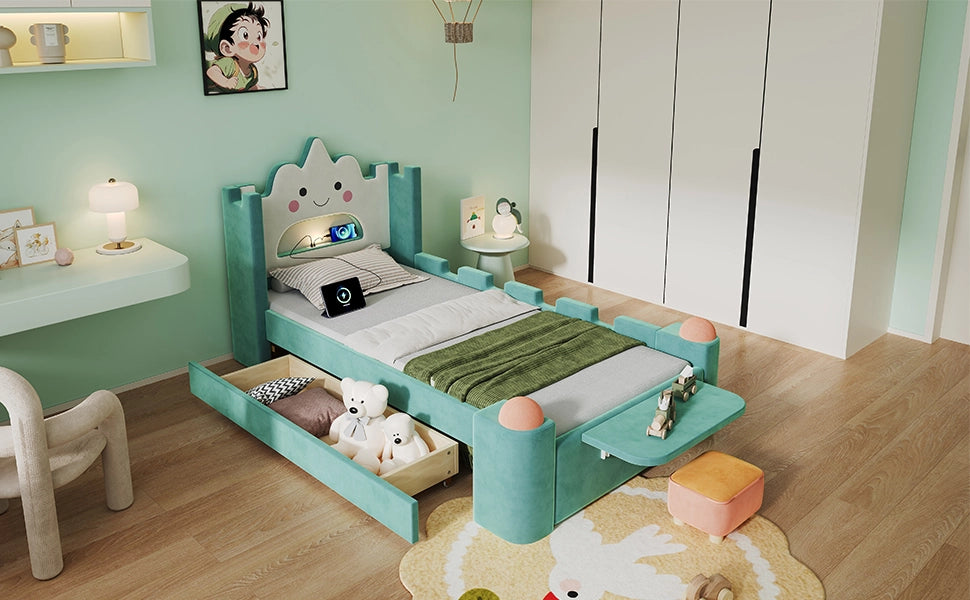 Letto per bambini 90 × 200 cm con lampada da lettura, USB, cassetto contenitore, senza materasso, blu e verde