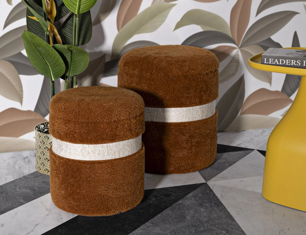 Puff con Contenitore Saint-moritz Marrone Set 2 Pz Ø40x47 cm - Ø32x38 cm in MDF e Spugna e Poliestere Marrone