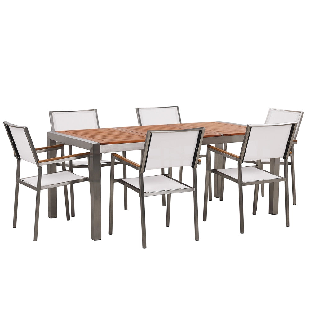 Set da pranzo da giardino con piano in legno di eucalipto chiaro e struttura in acciaio 180 x 90 cm con 6 sedie bianche