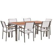 Set da pranzo da giardino con piano in legno di eucalipto chiaro e struttura in acciaio 180 x 90 cm con 6 sedie bianche