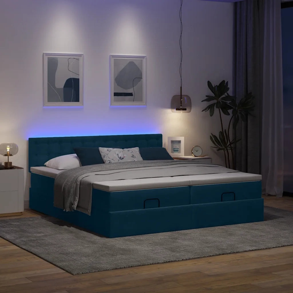 Pouf Letto con Materassi e LED Blu Scuro 200x200cm Velluto 3312969