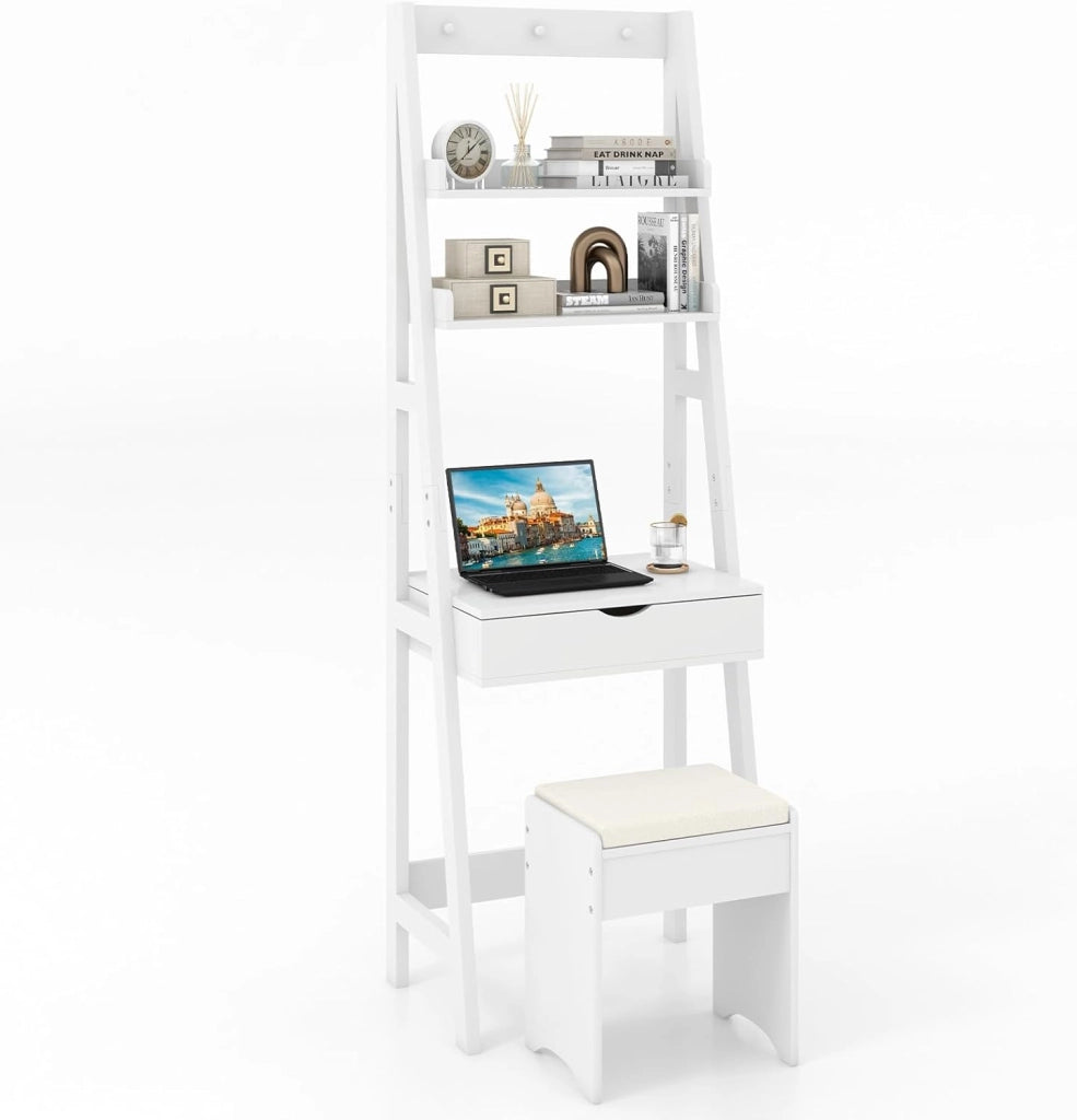 Tavolo da Toeletta con Sgabello con 3 Ganci, Scaffale da Stocaggio per Cosmetici, Set Mobile Camerette con Specchio Apribile, 60x40x180 cm