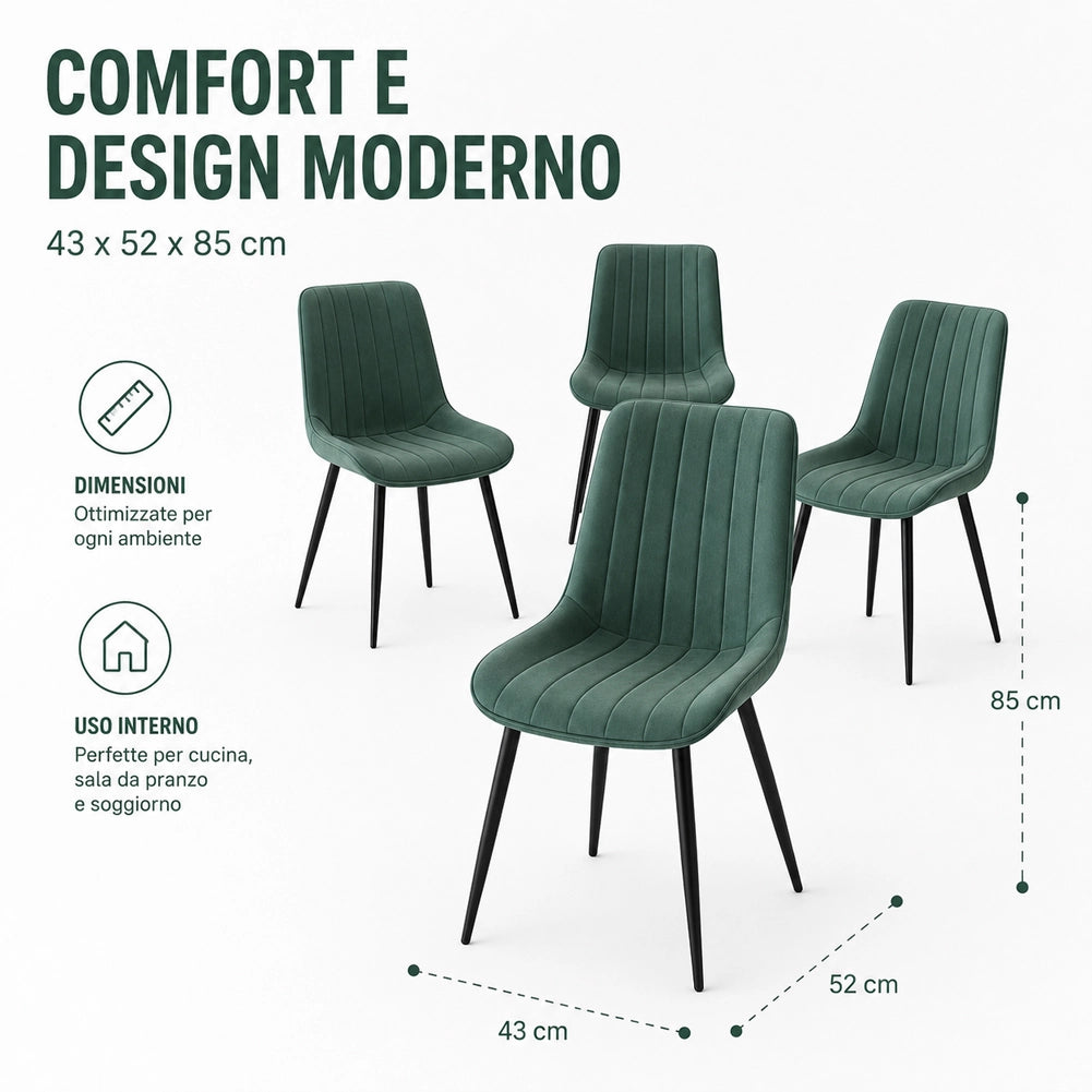 Set 4 Sedie da Pranzo Verdi in Velluto Seduta Ergonomica e Struttura in Acciaio