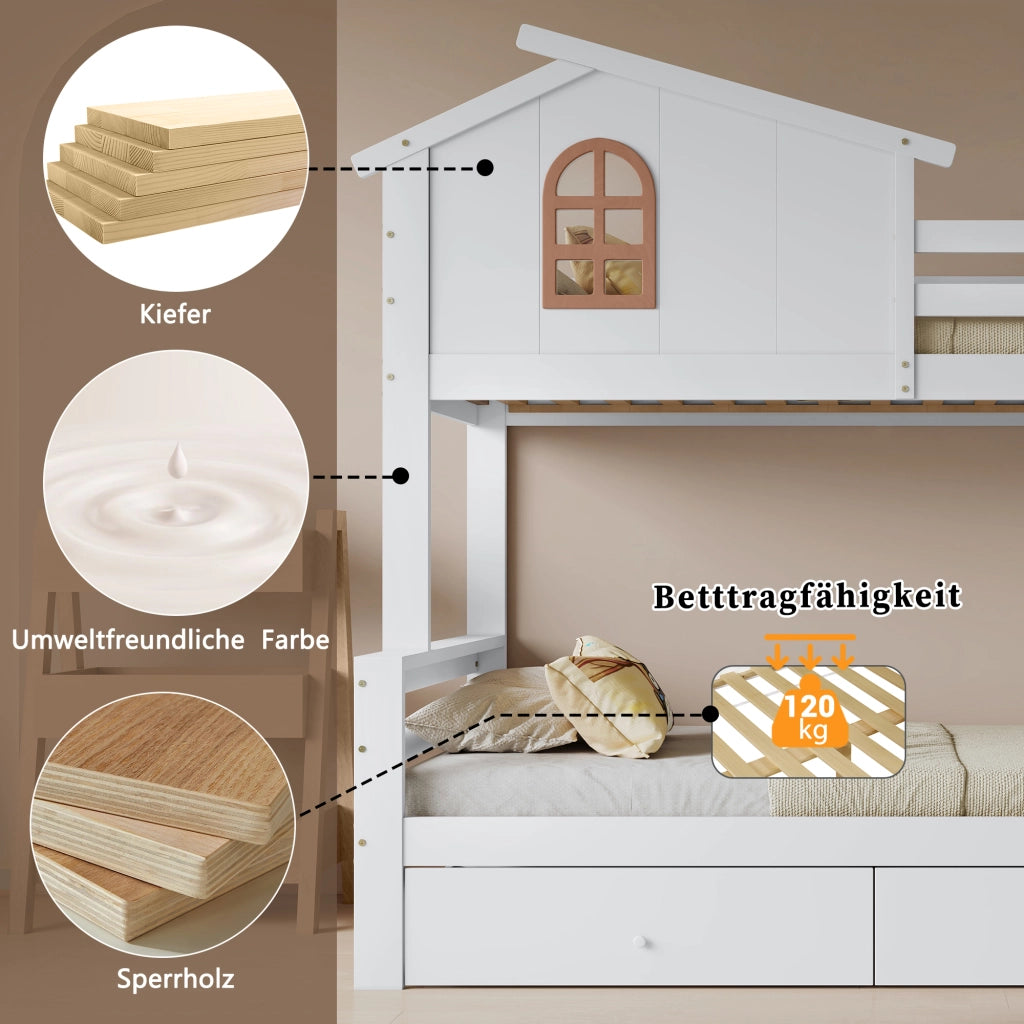 Letto a castello bianco con scivolo; scala inclinata e cassetti 90x200 e 120x200 cm