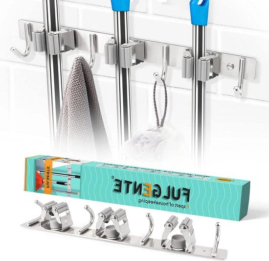 Sostegno per asse da parete in acciaio inossidabile con 3 supporti e 4 ganci, inclusivo di viti e strisce adesive, per uso in bagno, garage, giardino