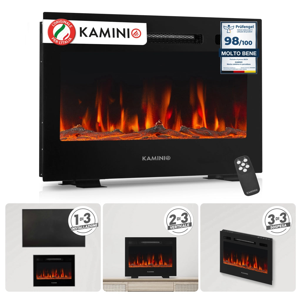 KAMINIO Camino elettrico MARLON - Camino elettrico 3 in 1 con riscaldatore, effetto fiamma 3D, 12 colori di fiamma, telecomando - 24 pollici