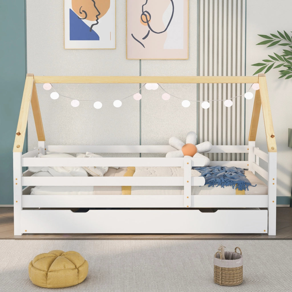 Letto a castello con letto estraibile bianco e naturale in legno massello 90x200 cm