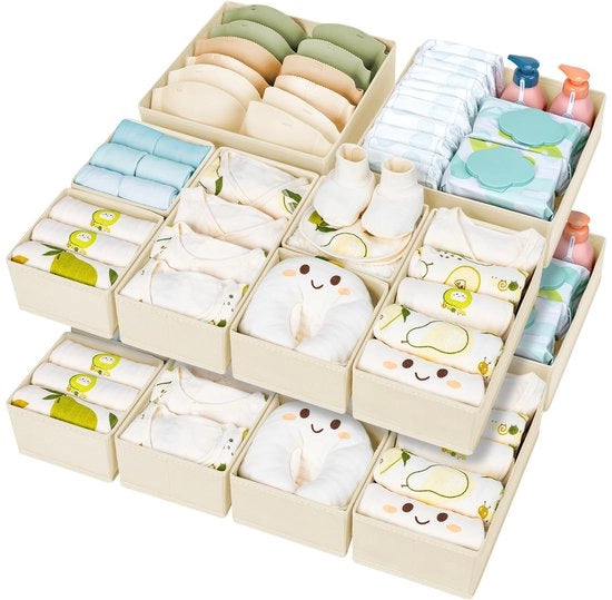 Organizzatore di armadietto - Sistema di cassetti pieghevoli, organizzatore di intimo, cassetta di stoccaggio tessuti, armadio per cravatte, calze, reggiseni, abbigliamento per bambini, 15 pezzi (beige)