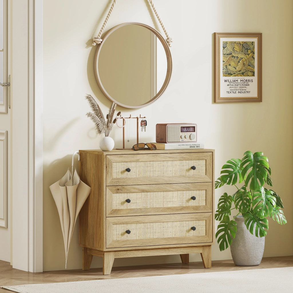 C¨®moda 3 Cassetti in Legno con Frontale in Rattan Stile Cannage ¨C zephmum ¨C 80x35x76 cm Naturale