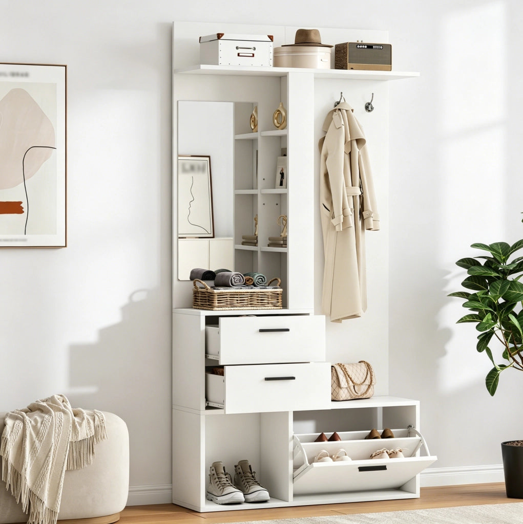 Guardaroba da ingresso 90x30x180 cm con specchio, scarpiera e 2 cassetti bianco HAVRYA