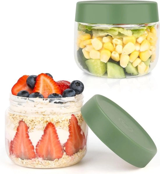 Bicchieri di muesli 300ml 2 pezzi - contenitori per overnight oats - coperchio ermetico - contenitori di scorta - vasi di vetro rotondi - meal prep - yogurt muesli frutta - coperchio verde