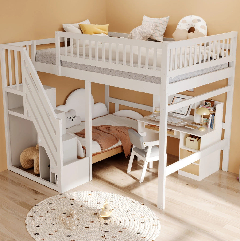 Letto in legno 140x200 con scala contenitore e sponde alte
