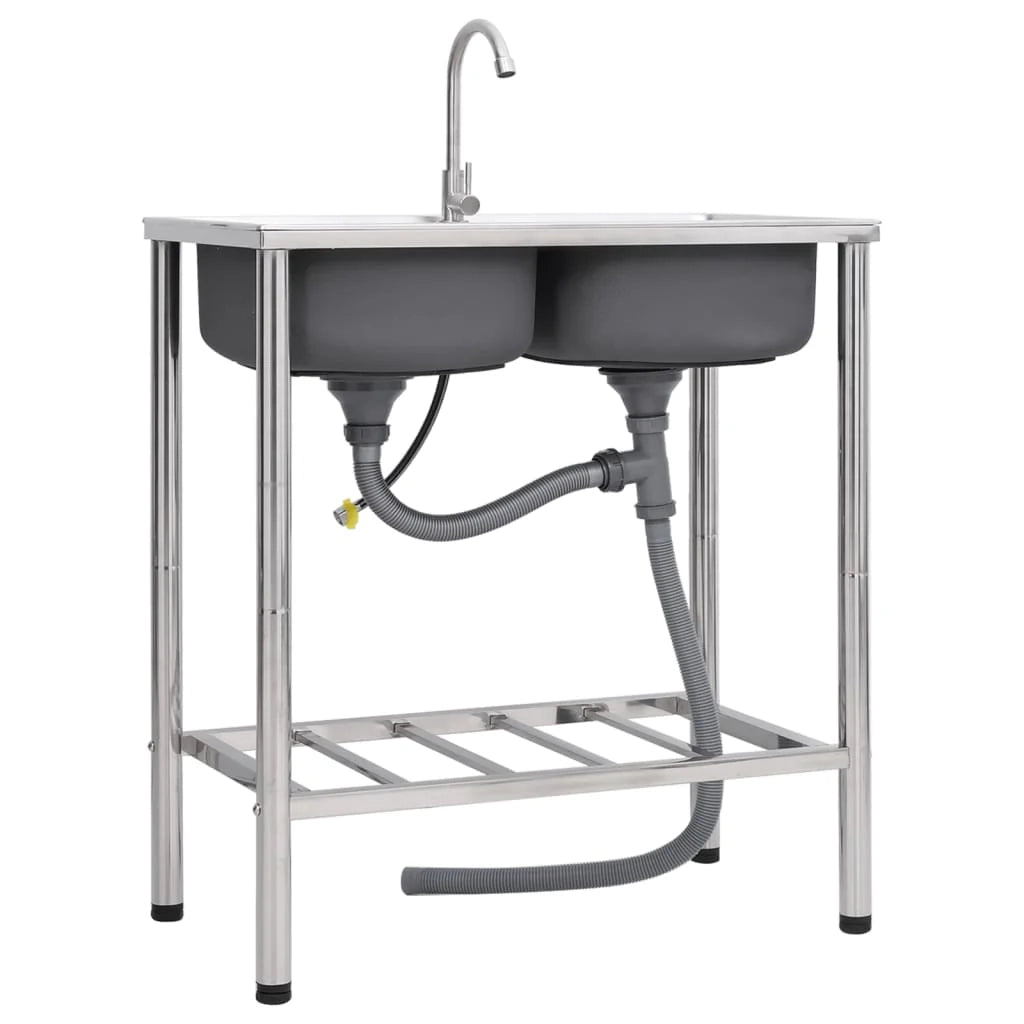 Lavello da campeggio doppio lavello con rubinetto lavello da cucina lavello da garage lavello da esterno antivegetativo 78 x 43 cm acciaio inox 02_0002437