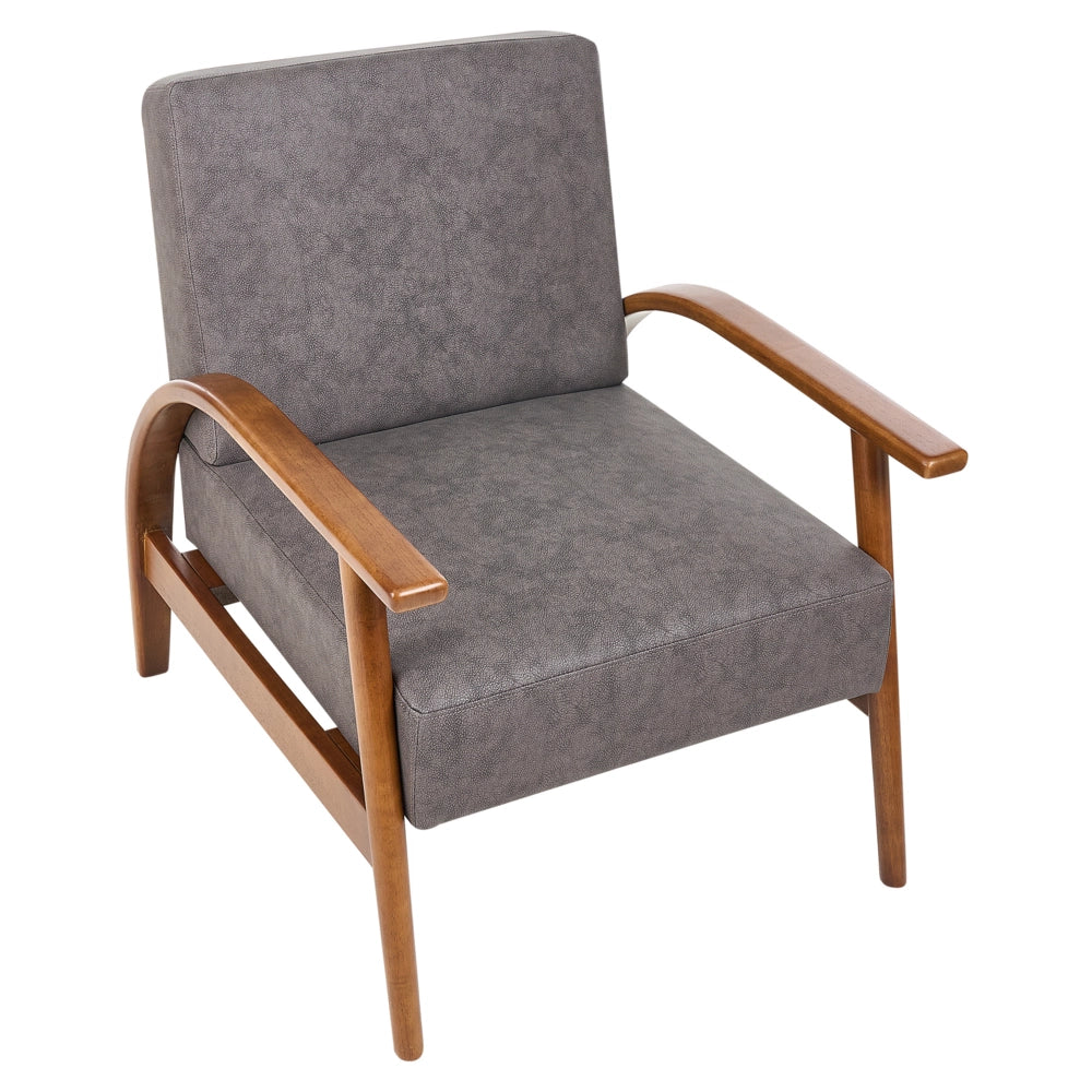 Poltrona marrone scuro in ecopelle con gambe in legno, braccioli e cuscino Retro Classico Soggiorno Tradizionale