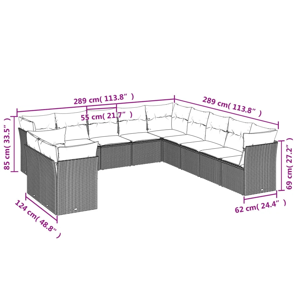 Set Divani da Giardino 11 pz con Cuscini Polyrattan Marrone 3217883