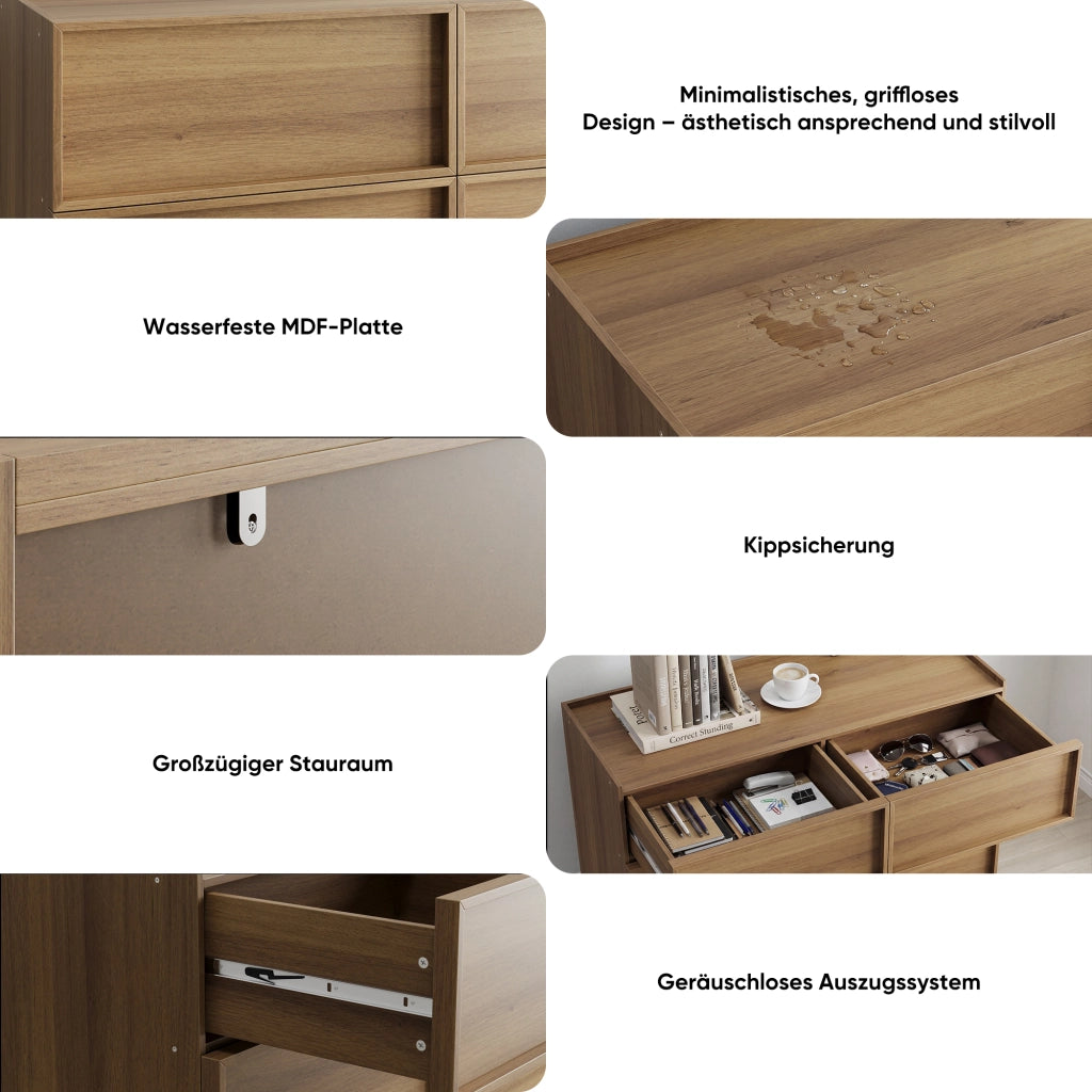 Comò con 6 cassetti e guide metalliche, per camera da letto e soggiorno, in MDF e truciolato, rovere, 115 × 48 × 78 cm