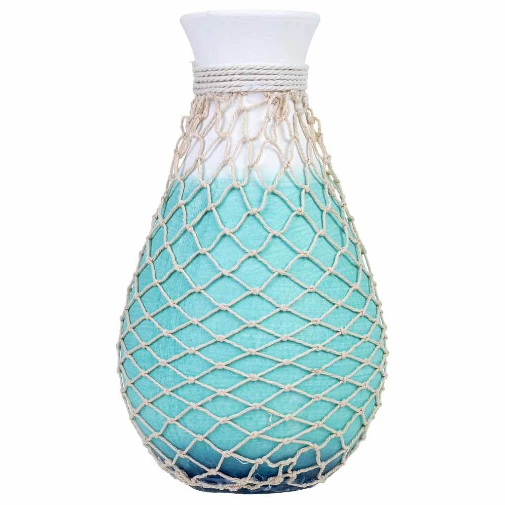 Vaso in legno con rete da pesca blu, 14x14x25 cm