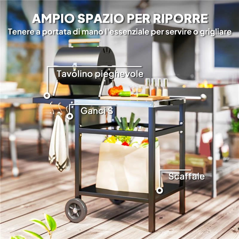 CARRELLO PER BARBECUE CON PIANO IN ACCIAIO E RIPIANO RICHIUDIBILE RUOTE E GANCI 91X58X76 CM NERO