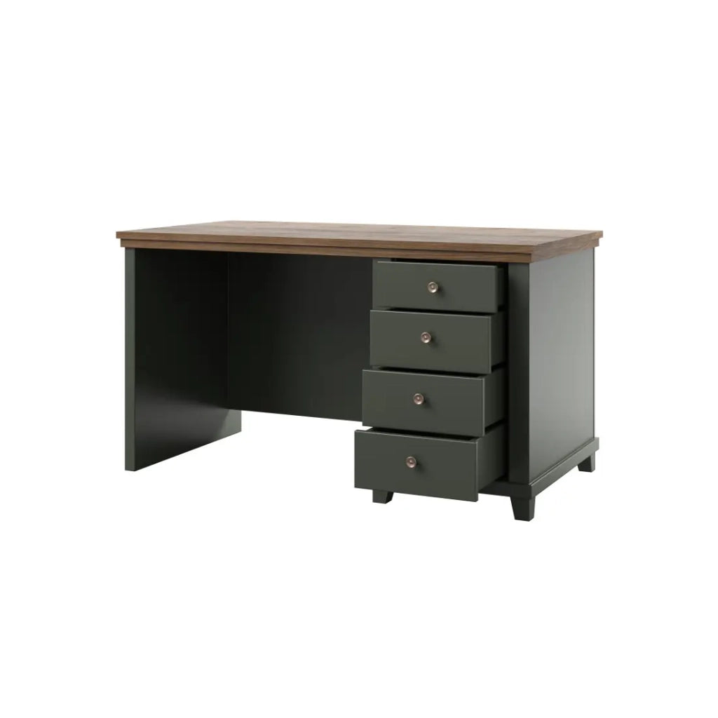Scrivania ASSIA 140 cm verde scuro e legno - 4 cassetti con maniglie a bottone - Eleganza chic