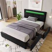 LETTO singolo 90x200 cm con LED, 2 cassetti, lino nero