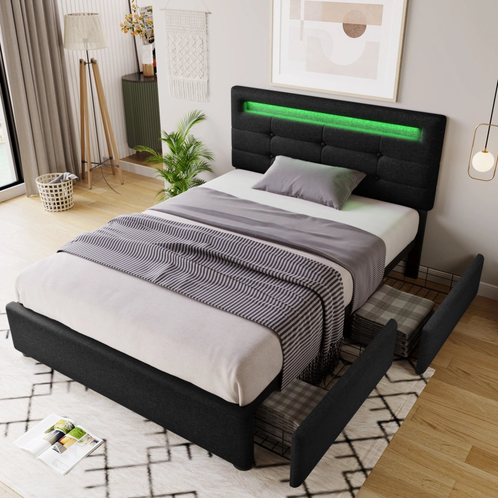 LETTO singolo 90x200 cm con LED, 2 cassetti, lino nero