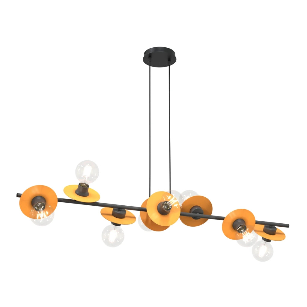 Lampadario 8 Luci Eos In Acciaio Nero E Arancio Con Barra E Diffusori A Piatti