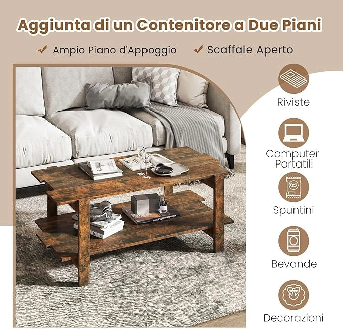 Tavolino da Caffè a 2 Ripiani, Tavolino Rettangolare da Salotto in Legno con Mensola di Stoccaggio, Ideale per Ufficio e Soggiorno, 115 x 59 x 46 cm (Marrone)