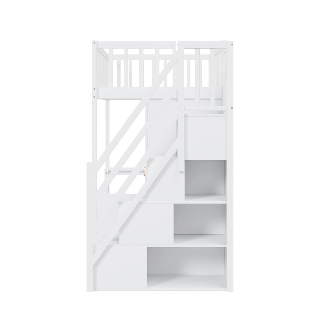 Letto a soppalco 90x200 cm in legno massello bianco con armadio; tavolo e scala contenitore