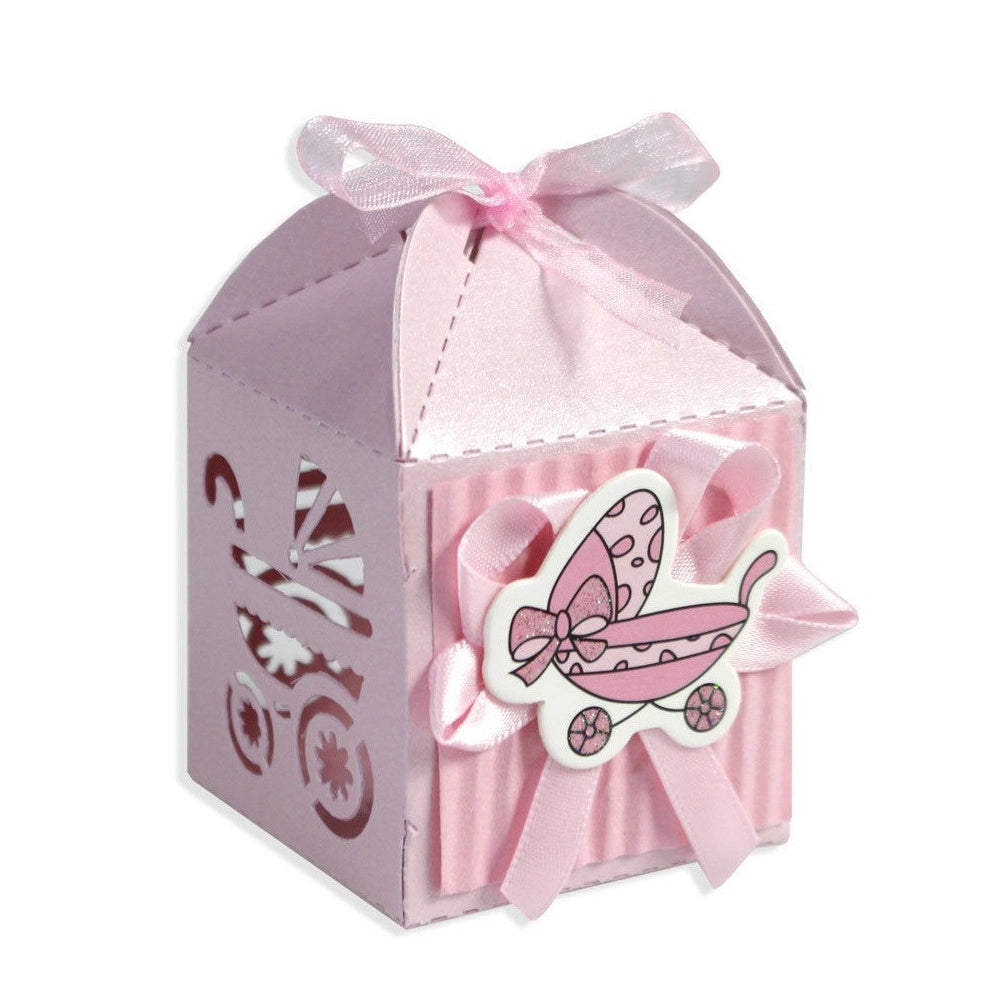 Trade Shop - 12 Scatoline Porta Confetti Bomboniera Nascita Battesimo Bimba Rosa Carrozzina -