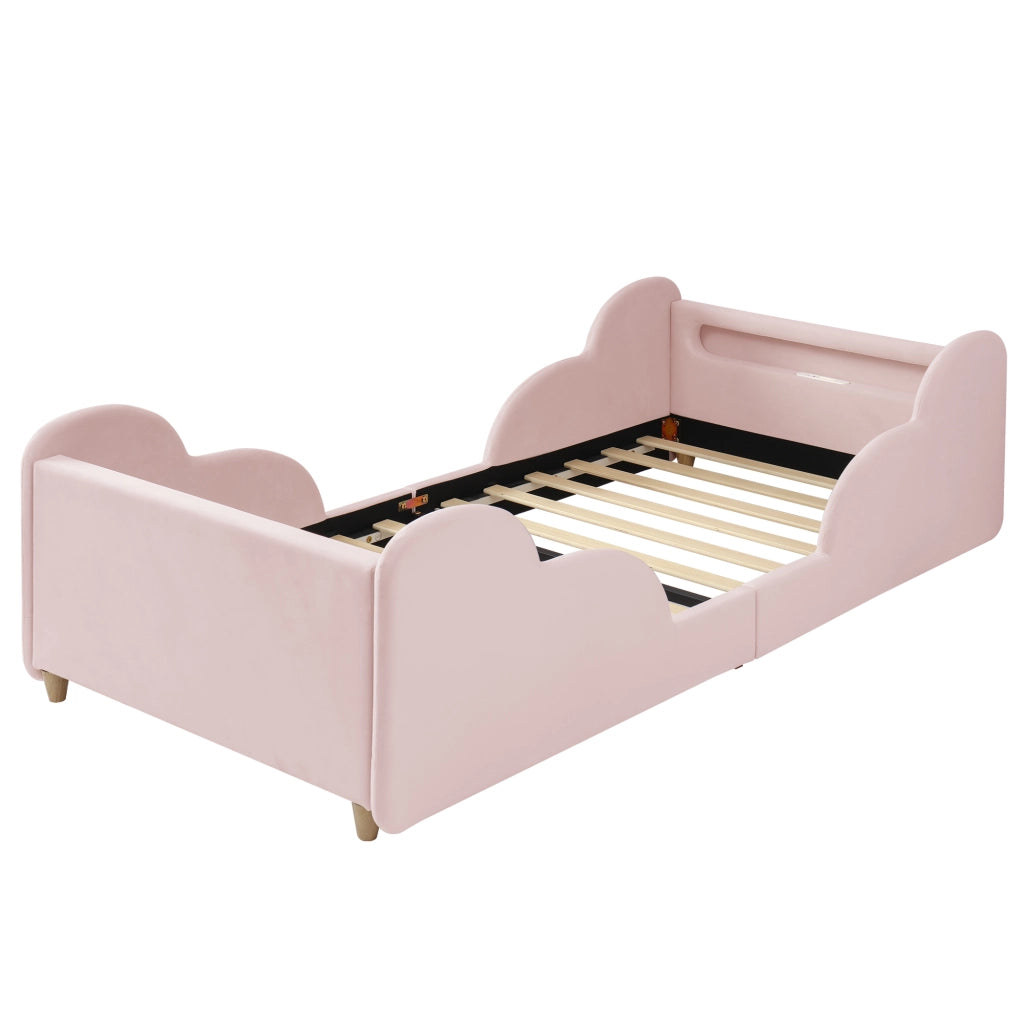 Letto singolo per bambini 90x200 cm in velluto rosa con luce notturna e USB