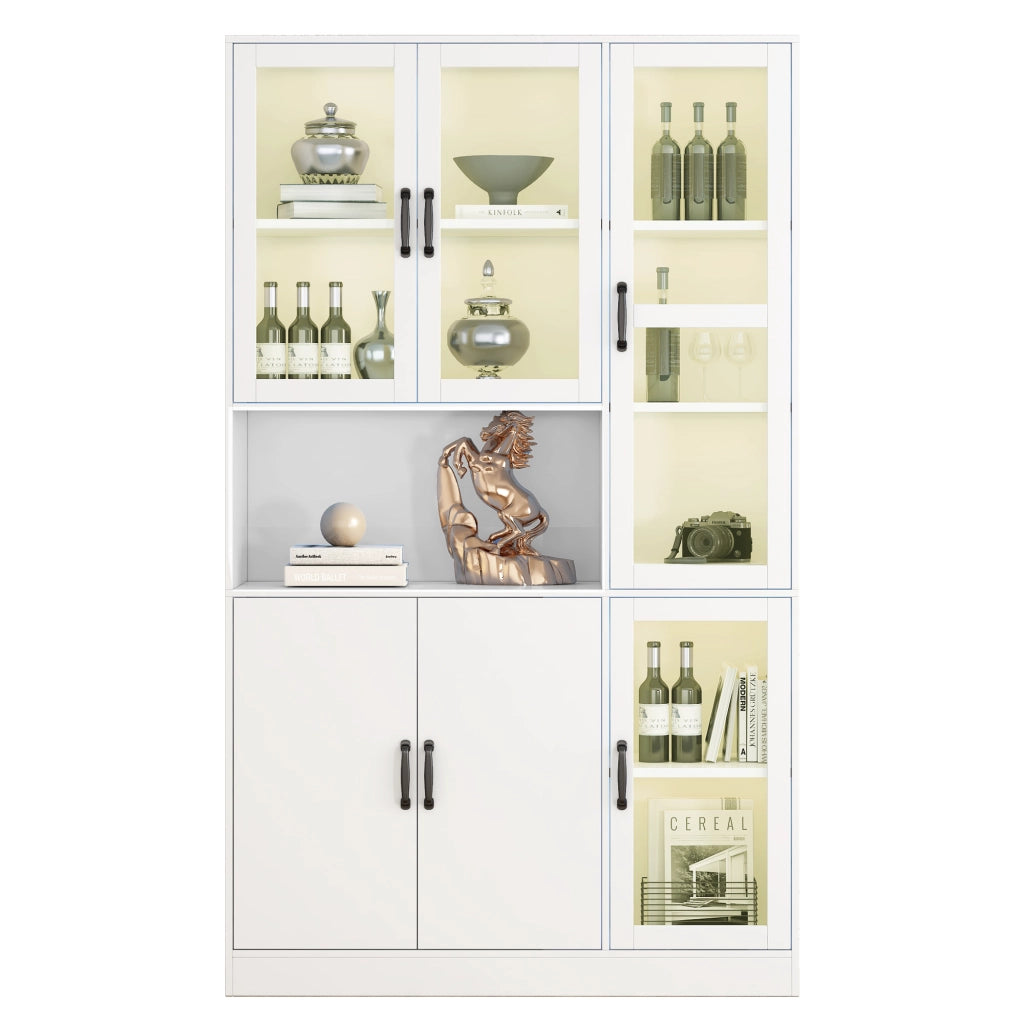 Libreria vetrina bianca con LED, ante in vetro HD, 9 vani, 120x40x200 cm, mobile contenitore multiuso