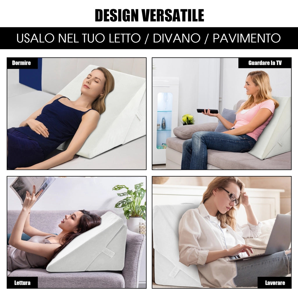 Cuscino memory a cuneo inclinato regolabile, Cuscino ortopedico con supporto rialzato 58x50,5x36cm Bianco