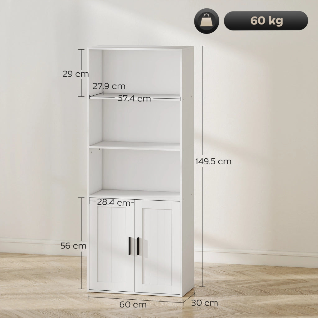 Libreria con Ripiani Aperti e Armadietto 2 Ante con Mensola Interna Regolabile. 60x30x145.5 cm. Bianco