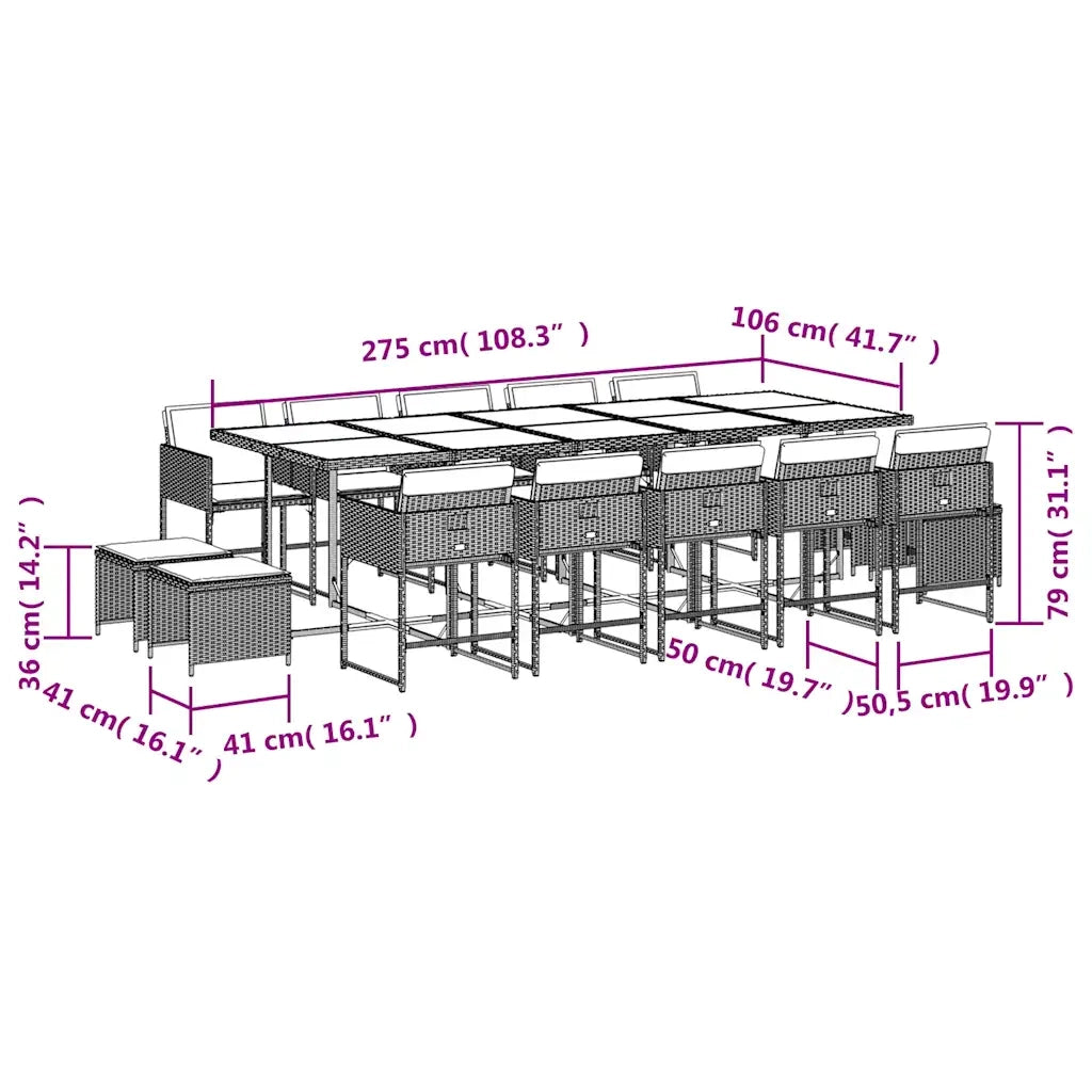 Set da Pranzo da Giardino 15 pz con Cuscini Marrone Polyrattan 3211353