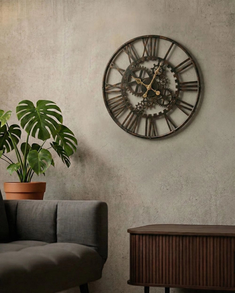 Orologio da parete nero in materiale sintetico con superficie aperta e numeri romani, design moderno, complemento d'arredo per la casa