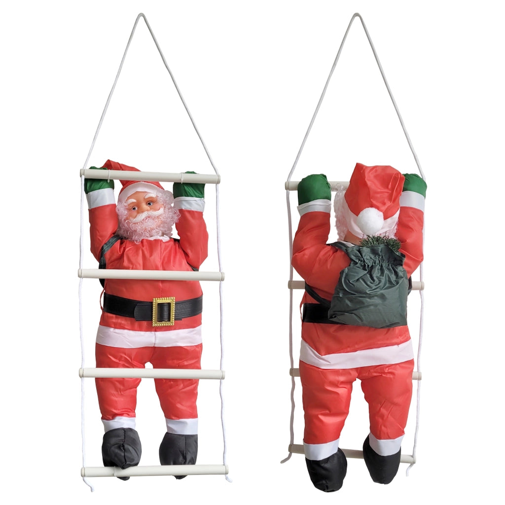 Babbo Natale Rampicante su Scala di Corda - Altezza totale 85 cm - Decorazione Natalizia da Appendere per Uso Esterno/Interno