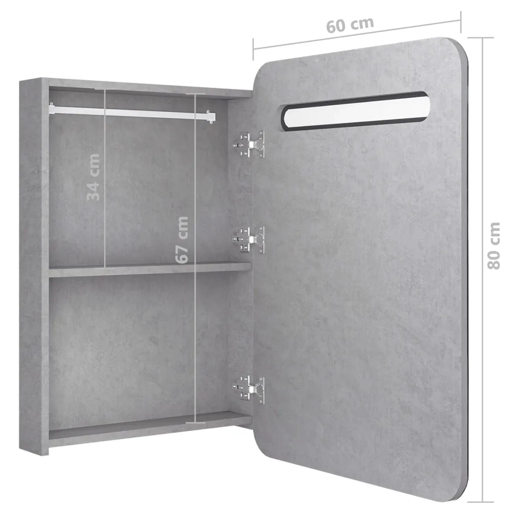 Armadietto Bagno con Specchio e LED Grigio Cemento 60x11x80 cm 326502