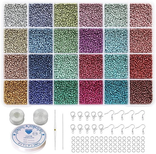 Semi-preziosi 2mm, 24 colori, 14400 pezzi in scatola, 12/0 mini semi-preziosi, filo e ago per la creazione di accessori.