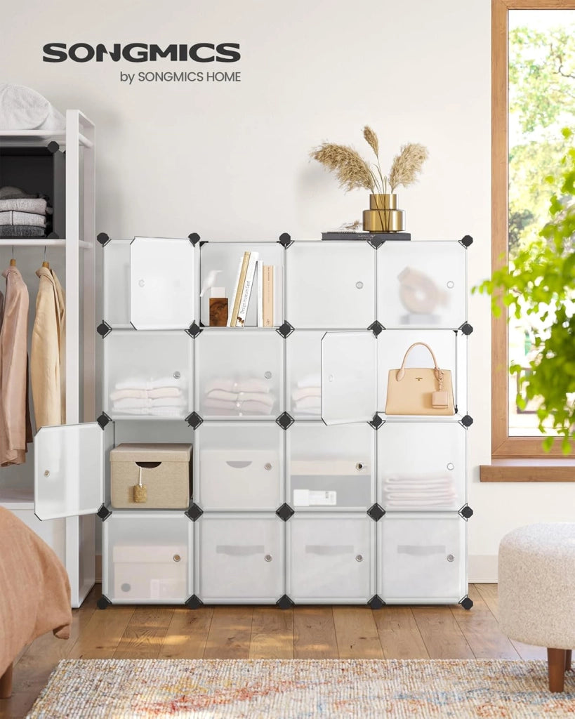 SONGMICS Armadio a 16 Cubi, Portaoggetti Organizzatore, Armadietto Mobiletto con Ante, per Abiti Scarpe Libri, Facile da Assemblare, Bianco LPC44BS