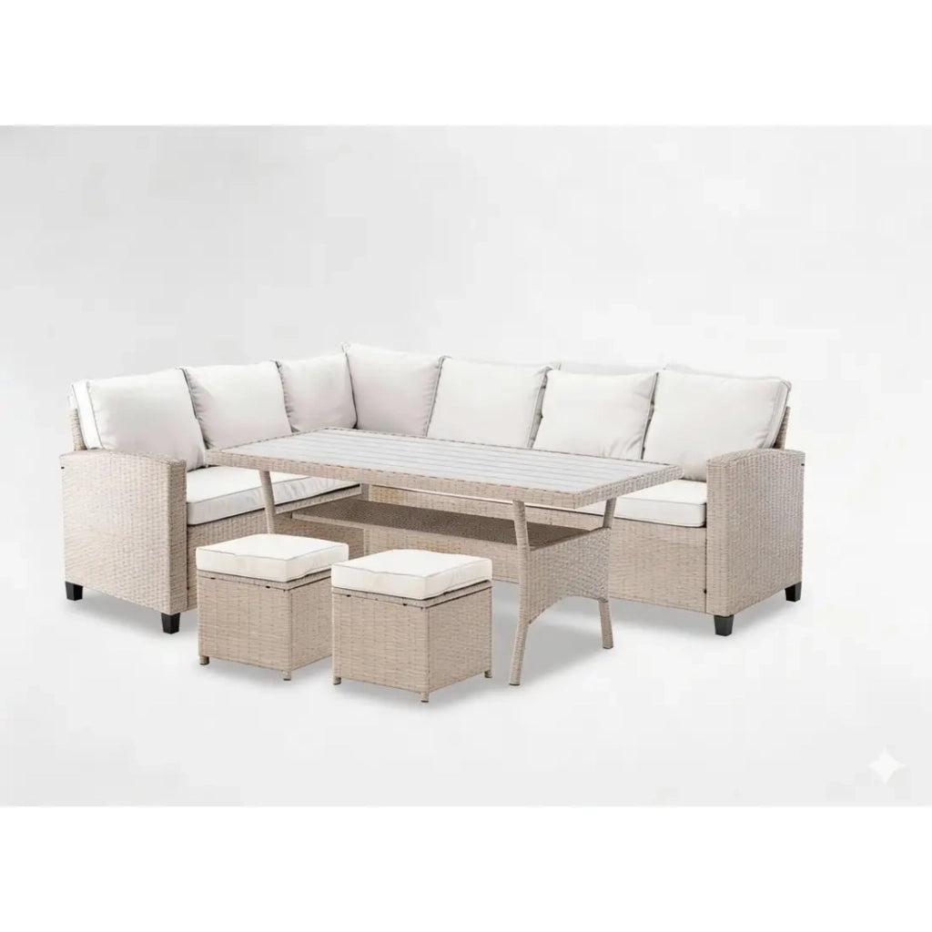 Salotto da giardino ad angolo LIVANA con tavolo e 2 pouf beige e marrone chiaro