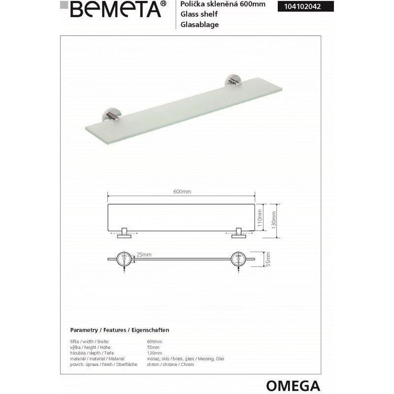 Mensola, mensola doccia in vetro OMEGA 60x5,5x13cm