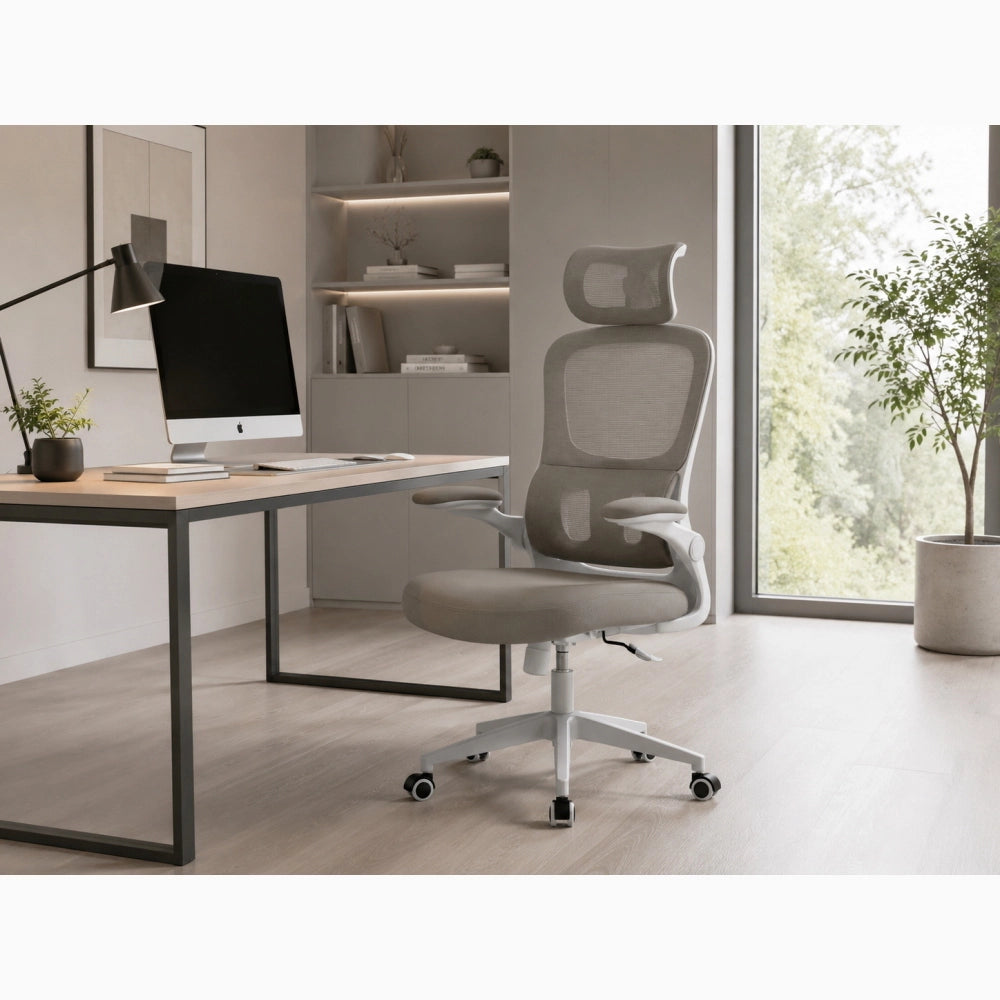Sedia da Scrivania Ufficio ergonomica Con Poggiatesta imbottita Schienale a rete Bianca BUDAPEST