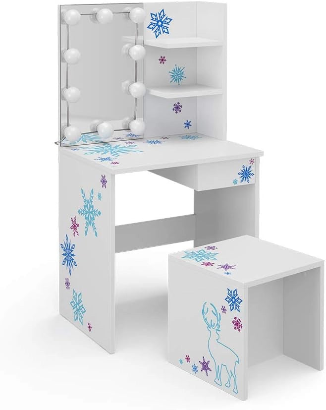 Tavolino da toilette per bambini Schneeflocke, Bianco, 54.8 cm con illuminazione a LED, adatto per la conservazione di cosmetici e accessori