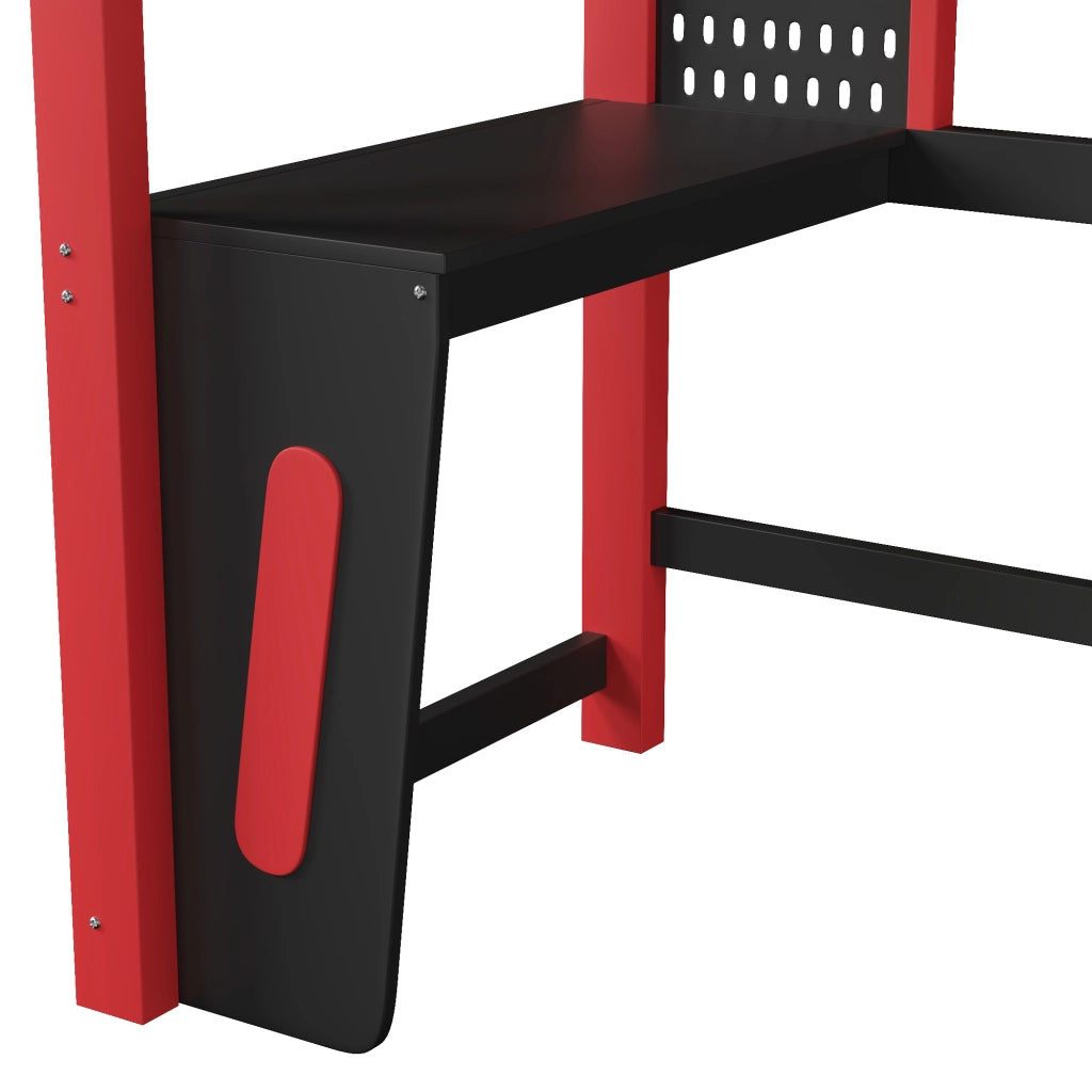 Letto a soppalco per bambini 90x200 cm, letto rialzato con scrivania integrata, pannello forato, illuminazione LED, pino, nero