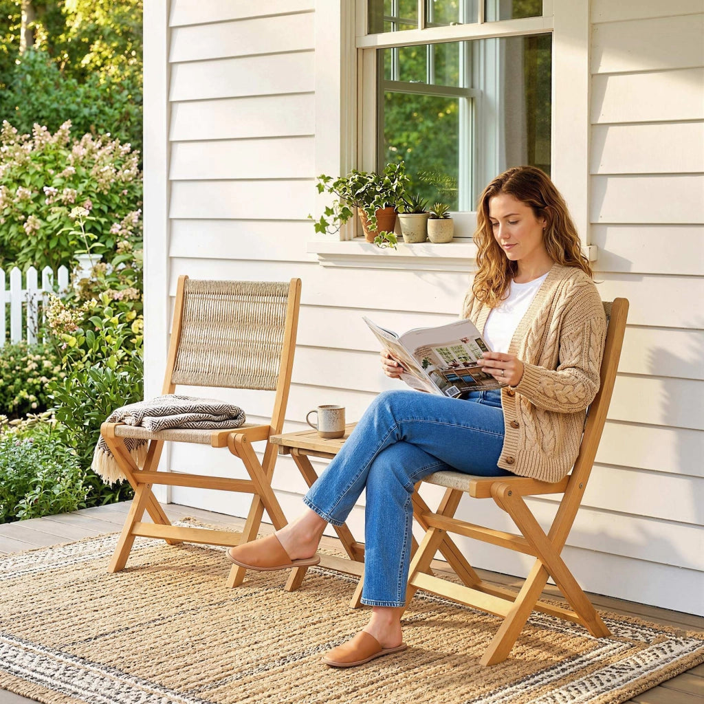 Sedia pieghevole da giardino ¨C zephmum ¨C Rattan PE e legno acacia, beige