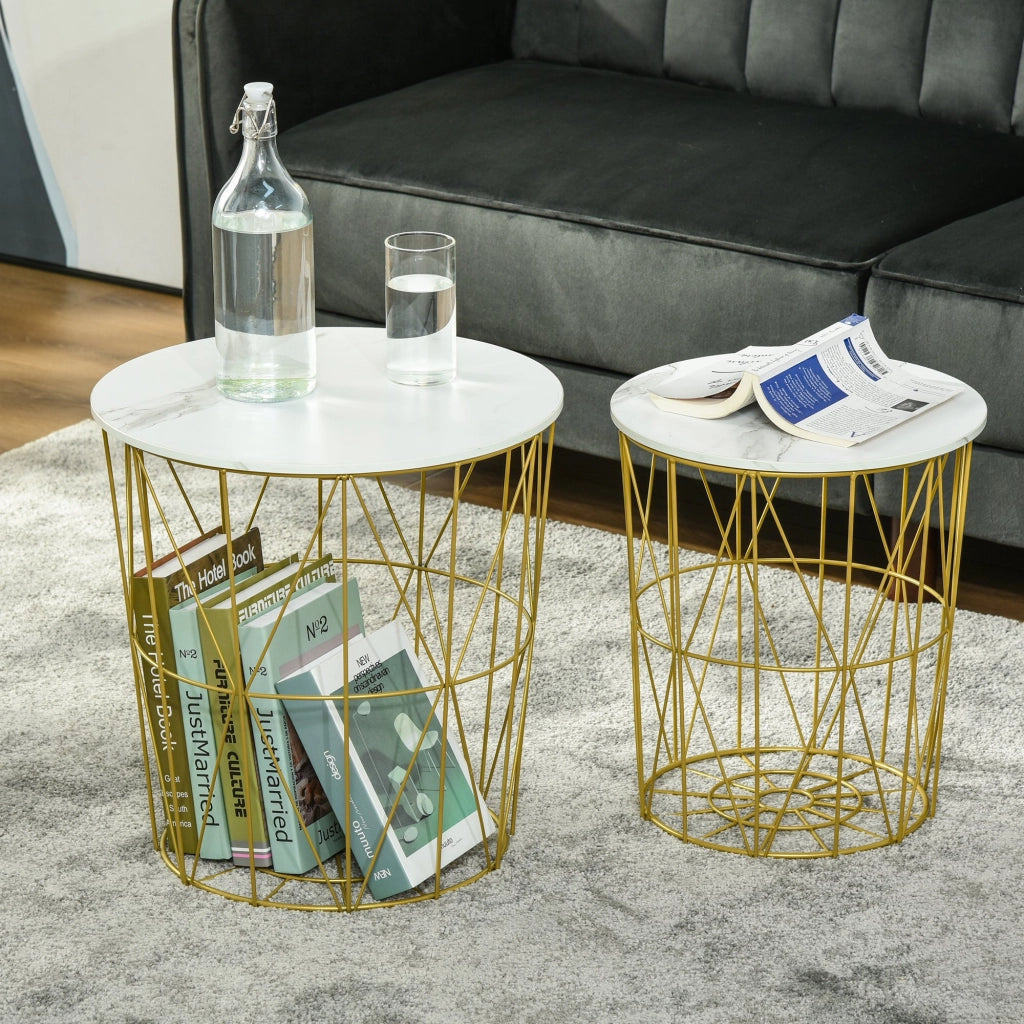 EasyComfort Set 2 Tavolini da Salotto Moderni Impilabili con Ripiano Rimovibile, Tavolino da Caffè con Contenitore per Soggiorno e Camera, Bianco Oro