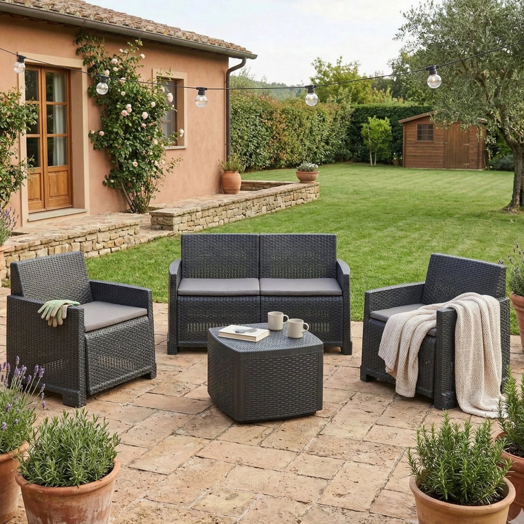 Salottino Outdoor Amer, set Salotto da Esterno 4 Posti Made in Italy, Nero Antracite