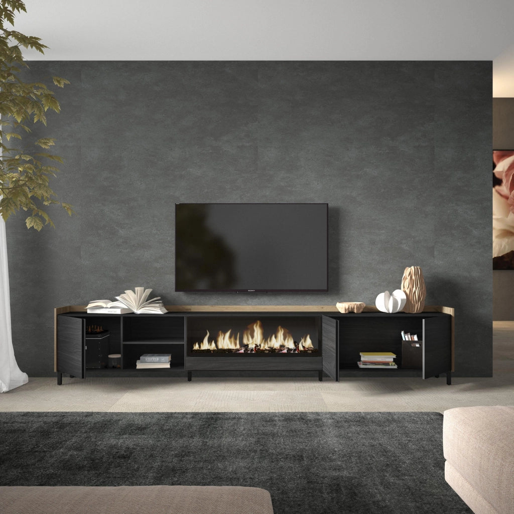 Mobile TV Soggiorno, 315x61x35 cm, Per TV fino a 80", Camino elettrico XXL, Design industriale, Nero e rovere
